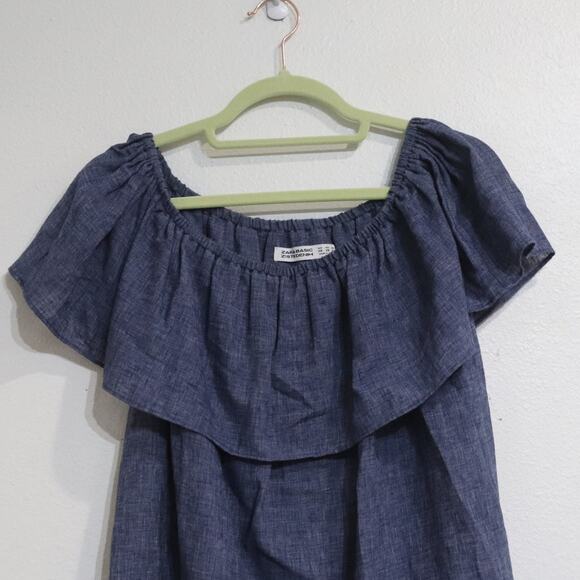 Zara Basic Chambray Off Shoulder Linen Blend Dress sz XS - Picture 3 of 11